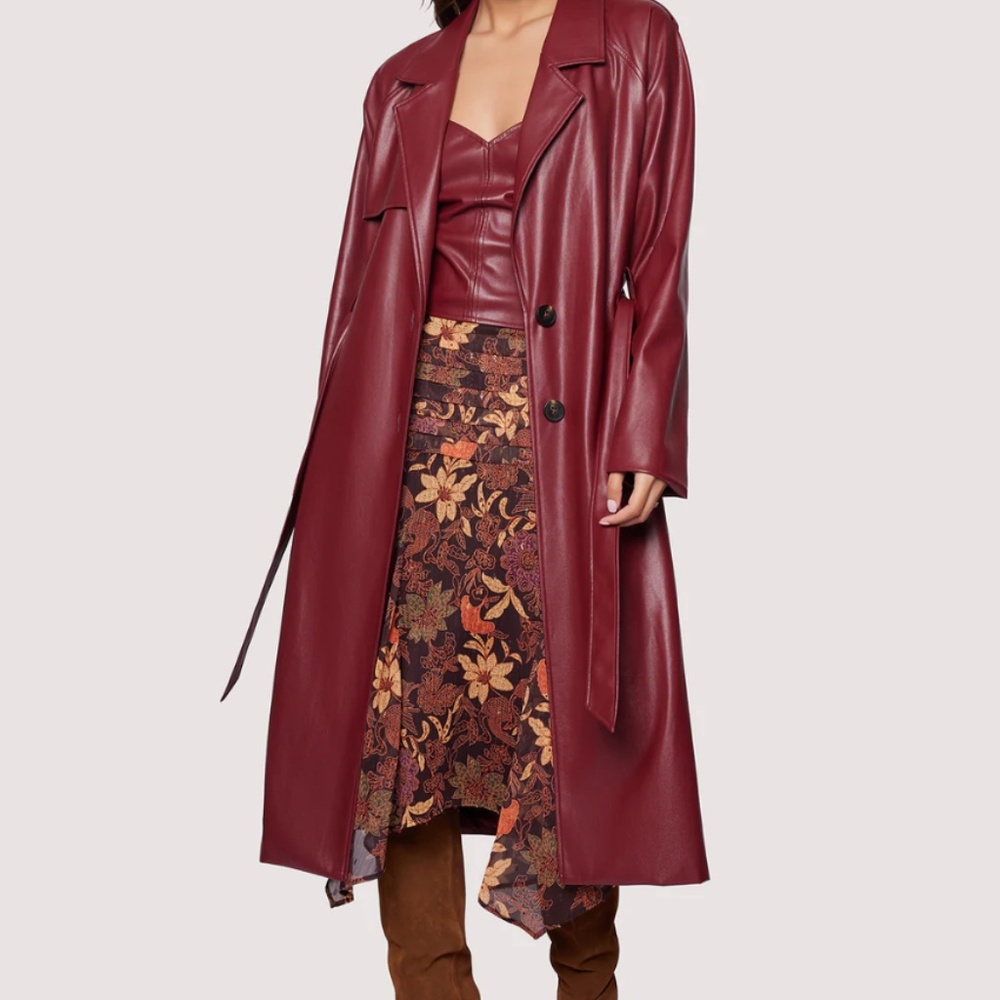 Lost + Wander Crimson Holly trench coat in a red/burgundy faux leather material